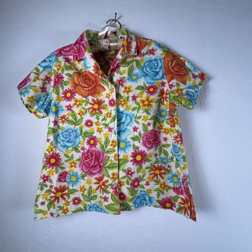 Big Bud Women's Floral Pattern Short Sleeve  Button Up Shirt Multicolor XXS